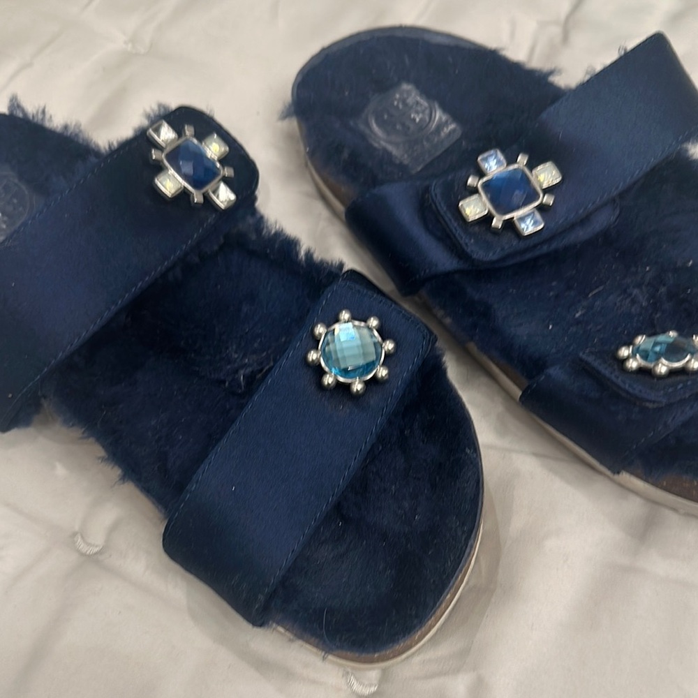 Navy Blue Fur-Lined Sandals with Gem Accents